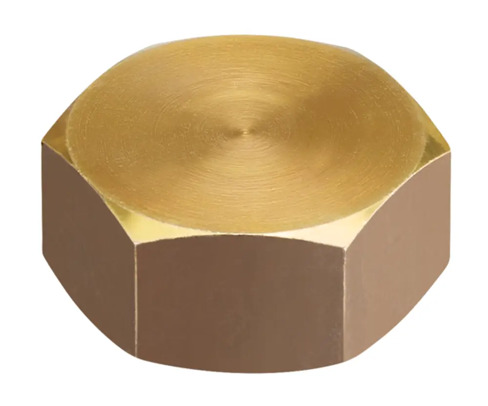 Oventrop Metallverschlusskappe mit einer hexagonalen Form und glattem, goldfarbenem Oberflächenfinish, geeignet für G 3/4 IG-Anwendungen.